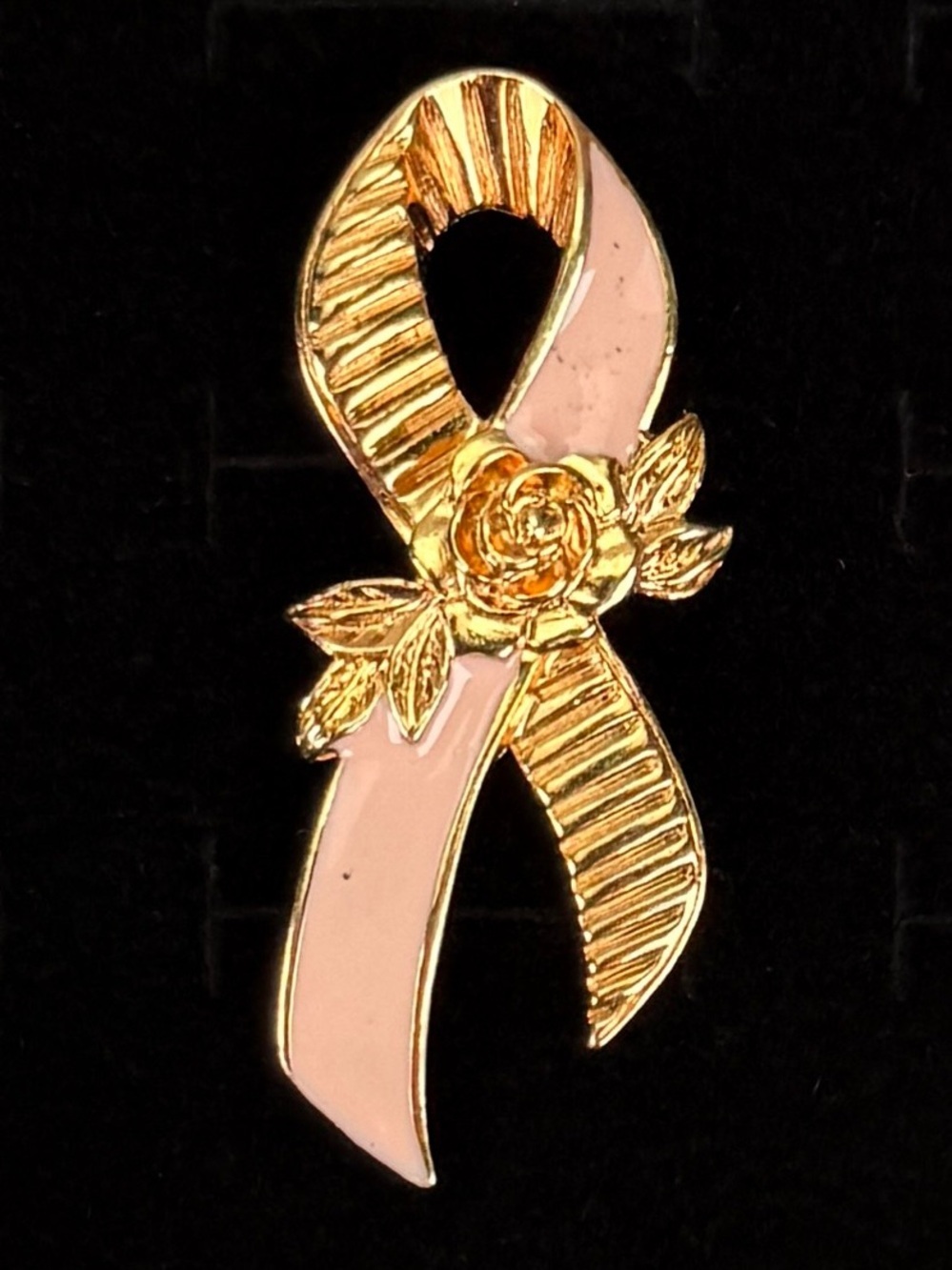 Goldtone & Light Pink Ribbon Floral Brooch